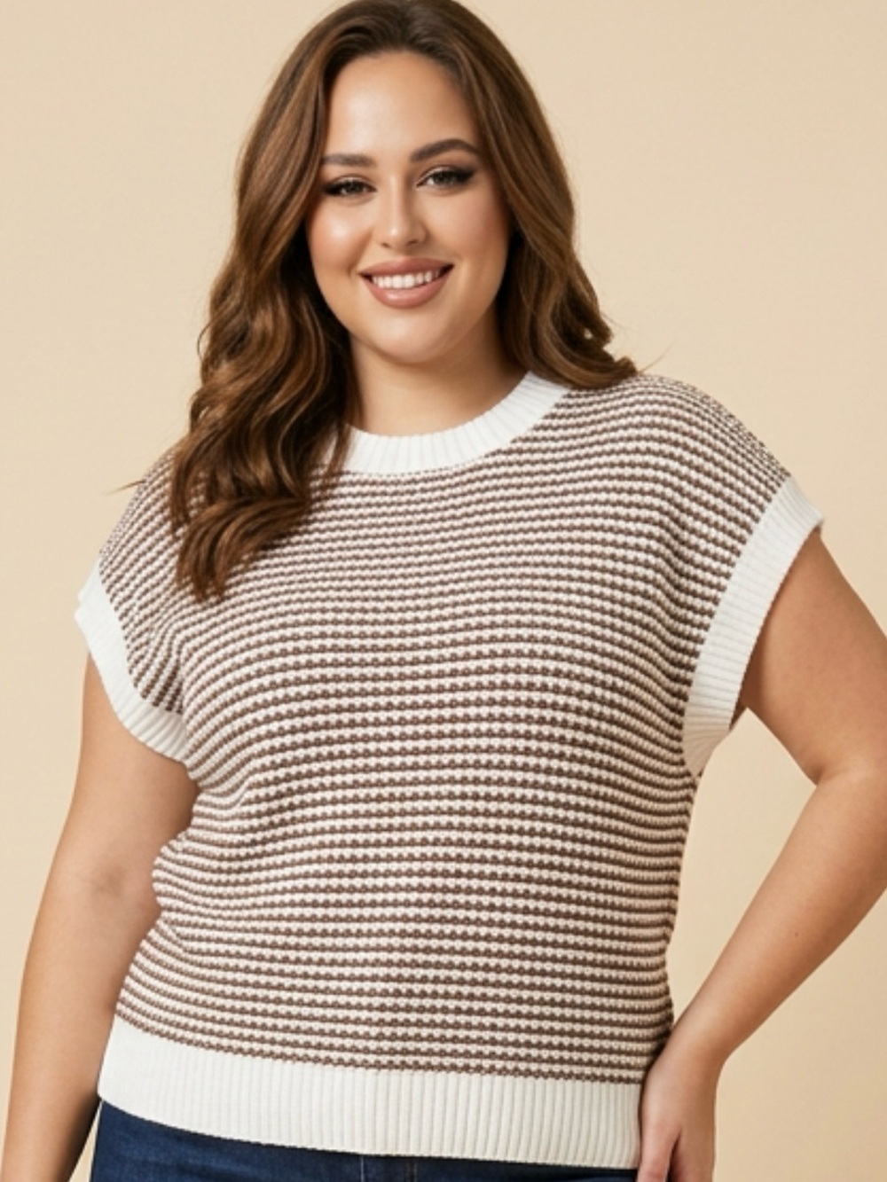 Striped Knit Cap Sleeve Sweater in White and Brown